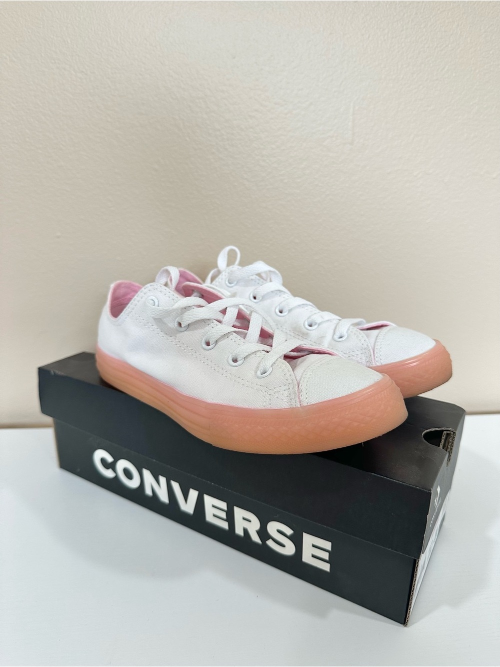 Converse White Canvas Low-Top Sneakers with Pink Gum Sole